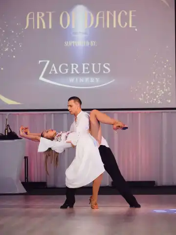 Танцово изпълнение на сцена с надпис Art of Dance.